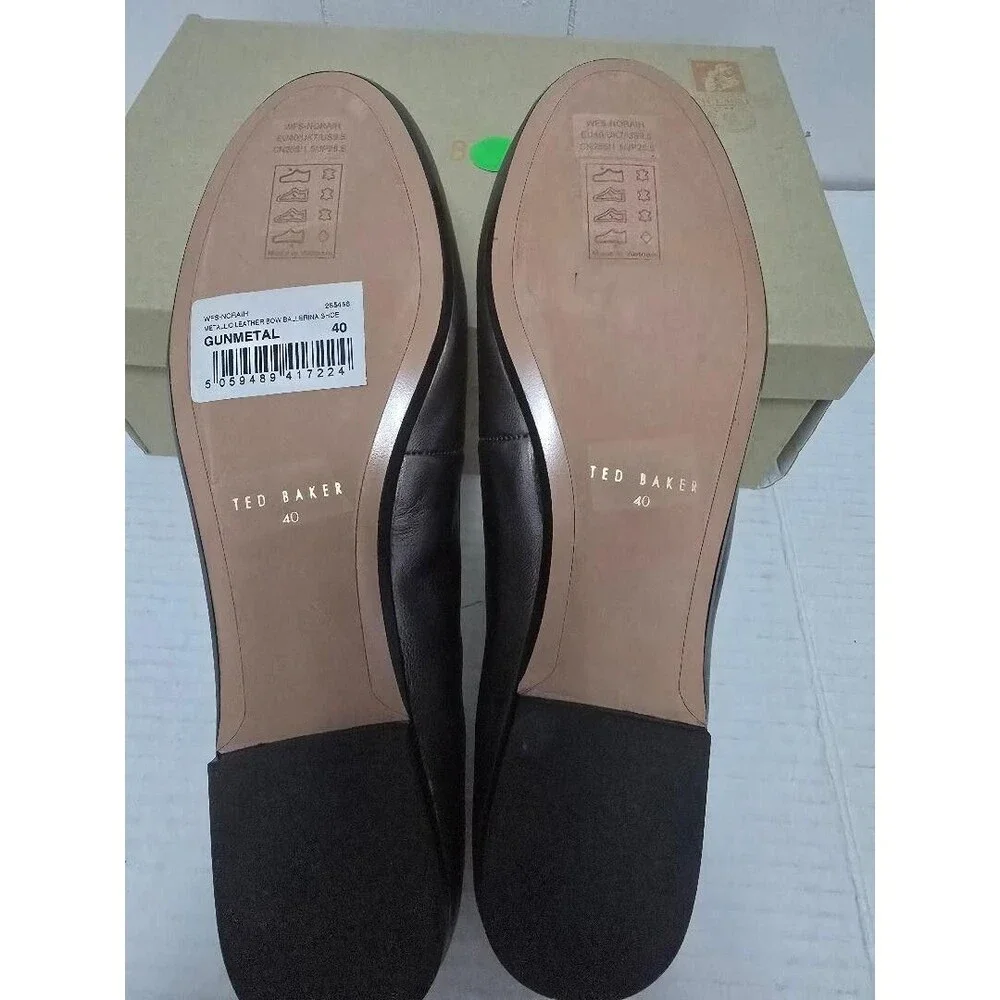 Ted Baker Gunmetal Leather Bow Ballerina Flat Shoe Women's Noraih 40 US 9.5